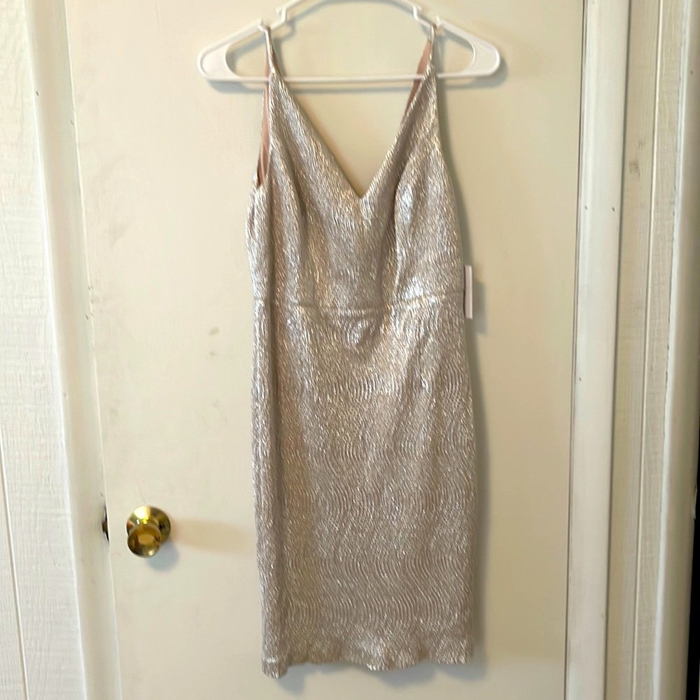 Calvin Klein Mini Cocktail Dress Platinum Light Gold NWT Shimmer